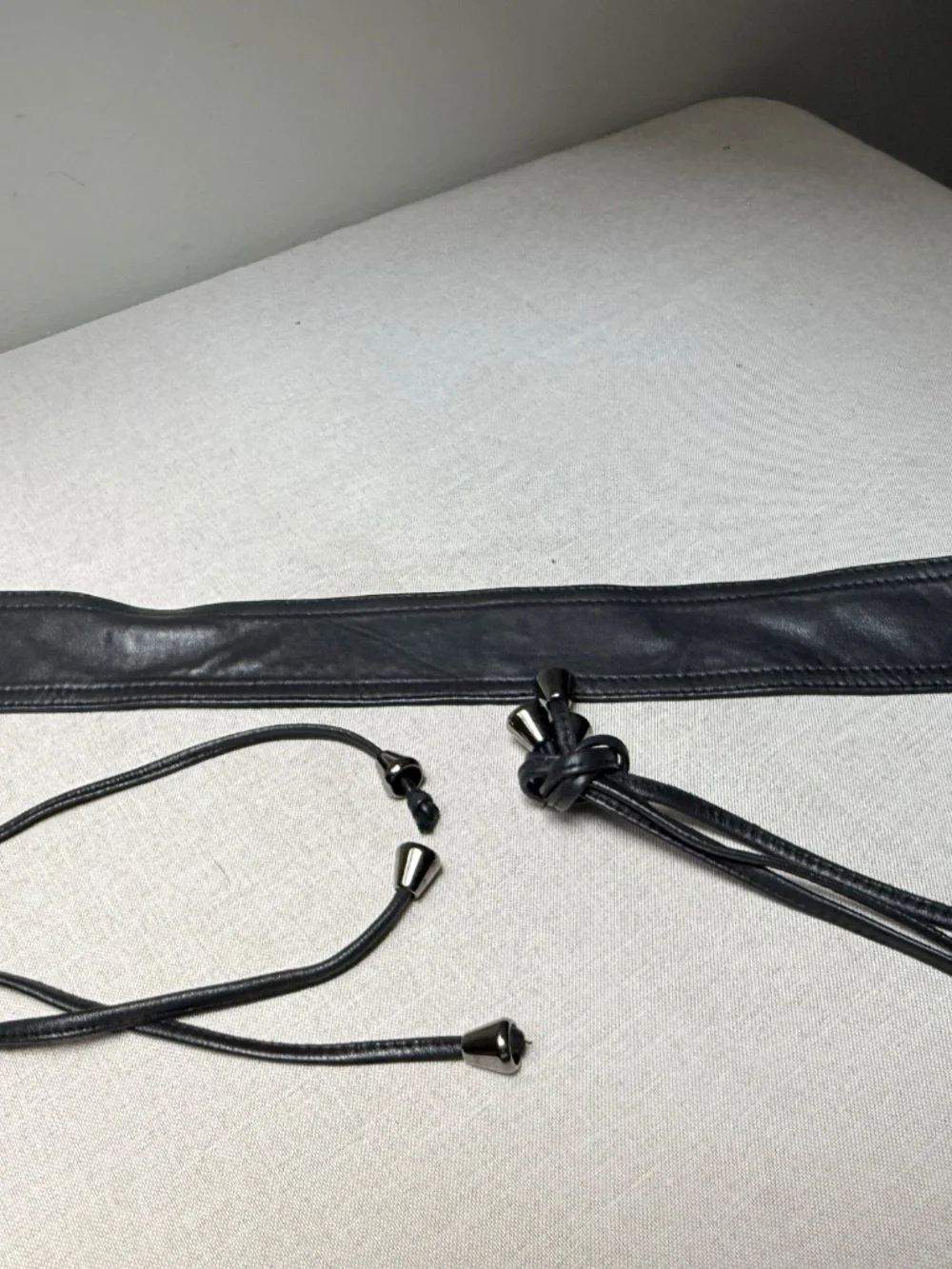 Black Faux Leather Obi Belt With Silver Beads